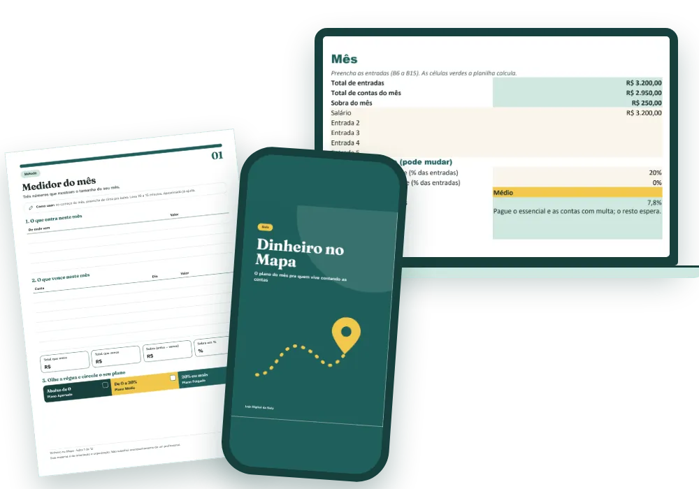 O guia aberto no celular, uma folha do kit pra imprimir e a planilha no notebook