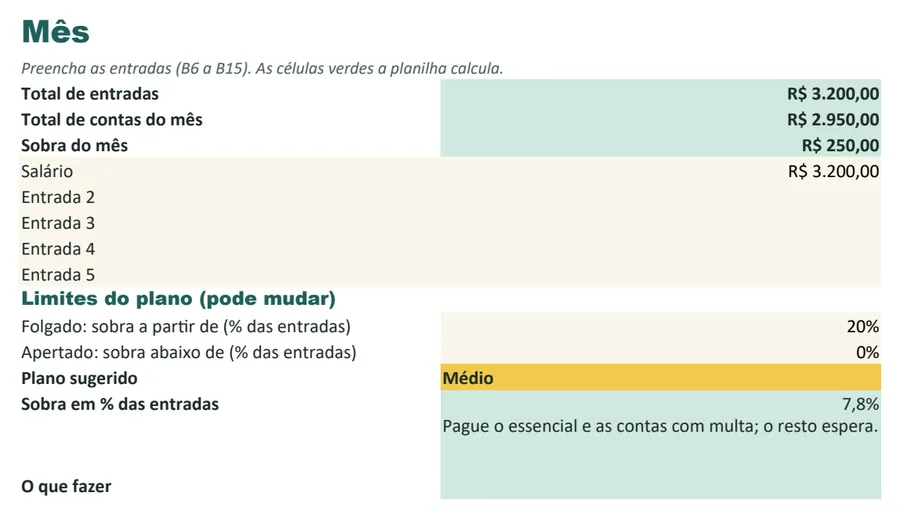 Aba Mês da planilha com o exemplo preenchido